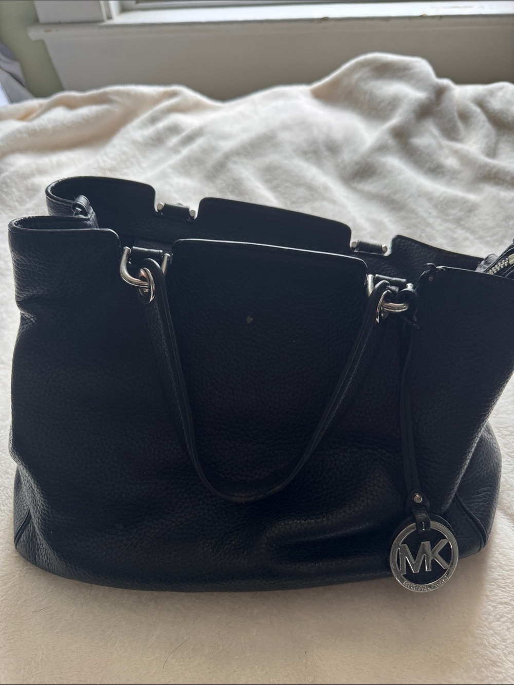 Michael Kors Black Pebbled Leather Shoulder Bag with MK Charm